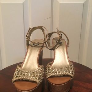 Guess Cork Gold Ankle Strap Wedge Sandals